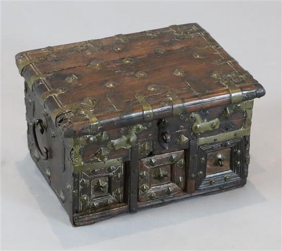 A small 17th century Spanish or Portuguese brass mounted walnut chest, W. 12.5in. D. 9.5in. H. 7.5in.